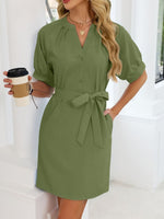 Notched Short Sleeve Tie Waist Dress