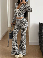 Leopard Print Zip-Up Crop Top and Flared Pants Two-Piece Set