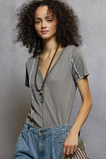 POL V-Neck Short Sleeve Top with Stitch Seam Detail