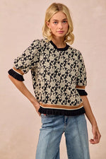 BiBi Textured Rose Knit Top Contrast Banded Puff Sleeve