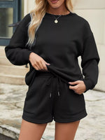 Round Neck Dropped Shoulder Top and Drawstring Shorts Set
