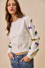SO ME Mardi Gras Glitter Bow Ribbon Sweater Knit Top