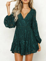 Lace V-Neck Long Sleeve Mini Dress - Ladyez