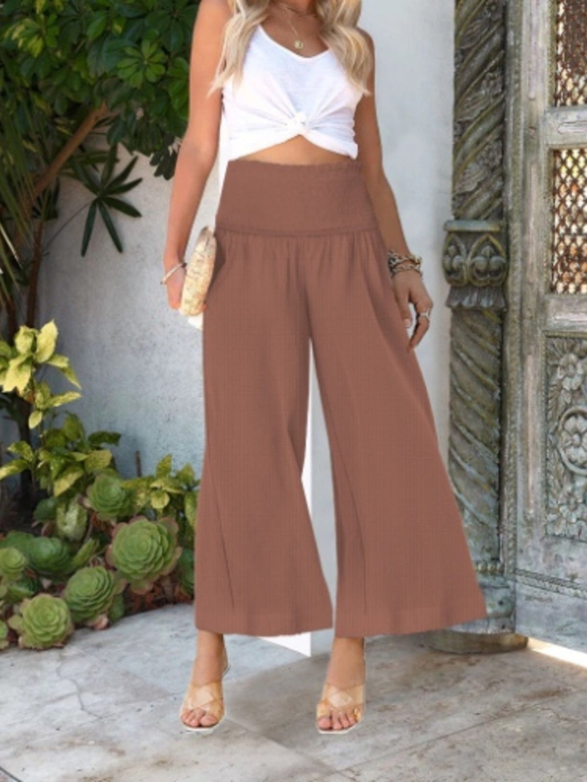 Wide-Leg Smocked Waist Pants