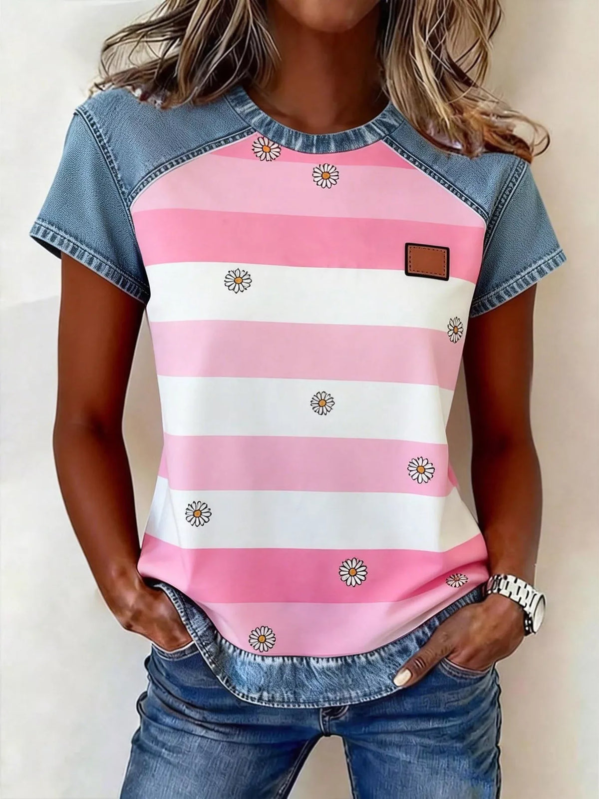 Denim Patchwork Short Sleeve Blouse