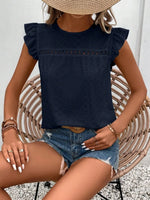 Eyelet Round Neck Cap Sleeve Top