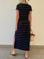 Slit Casual Striped Midi T-Shirt Dress
