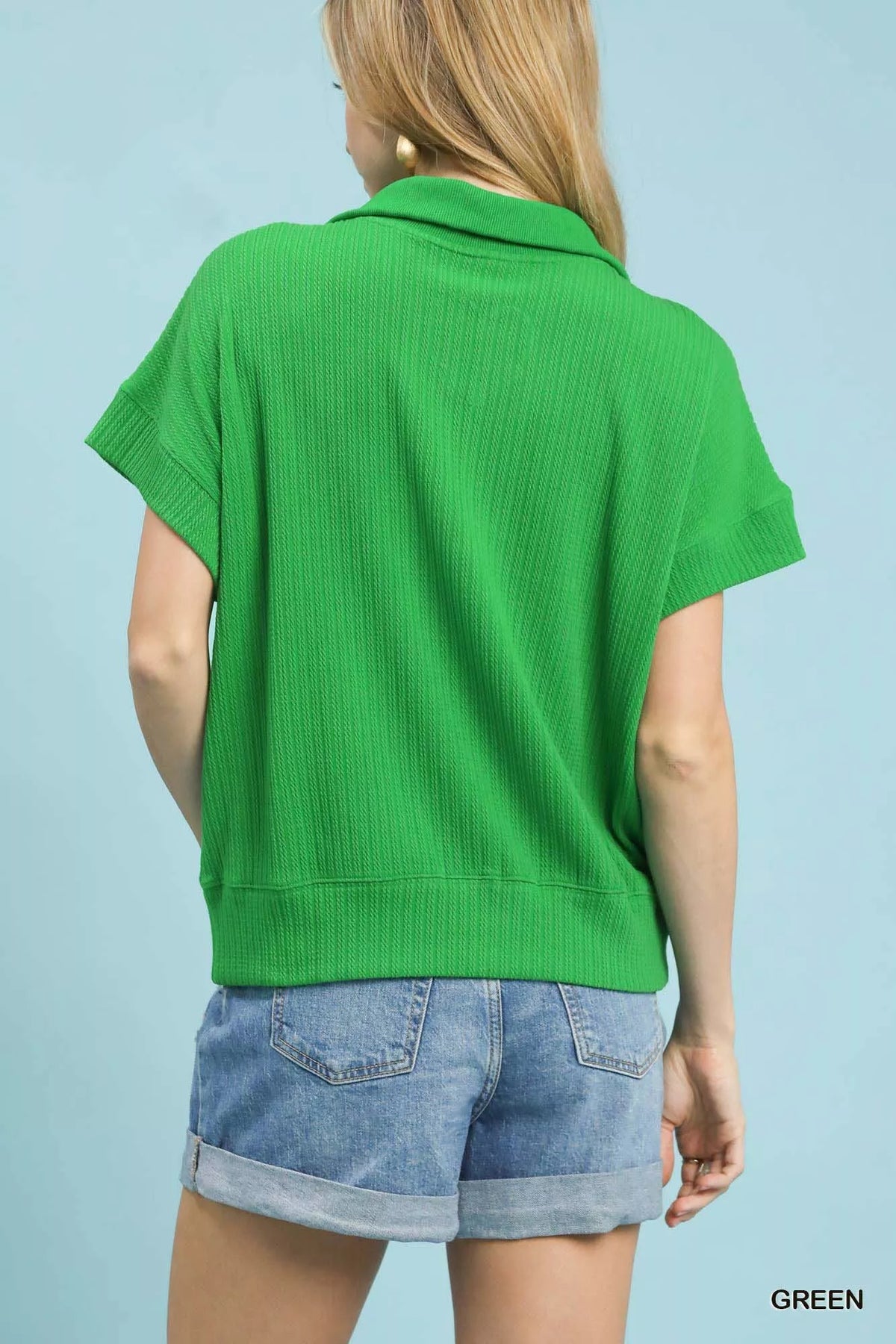 Umgee Textured Striped Zip Collar Knit Top