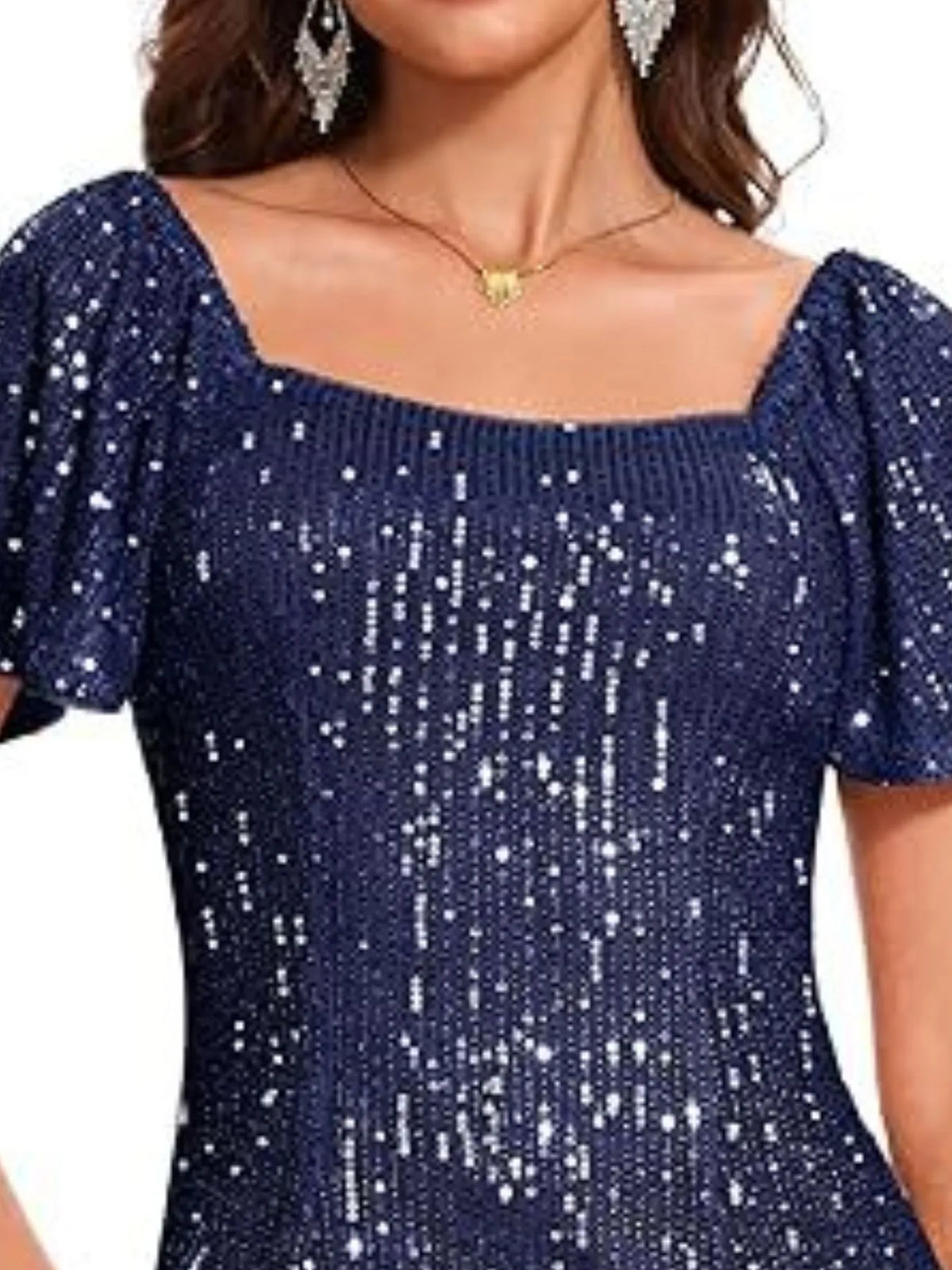 Square Neck Sequin Short Sleeve Blouse - Ladyez