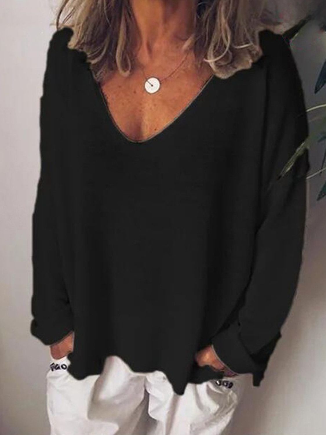 Full Size V-Neck Drop Shoulder Long Sleeve T-Shirt Plus Size - Ladyez