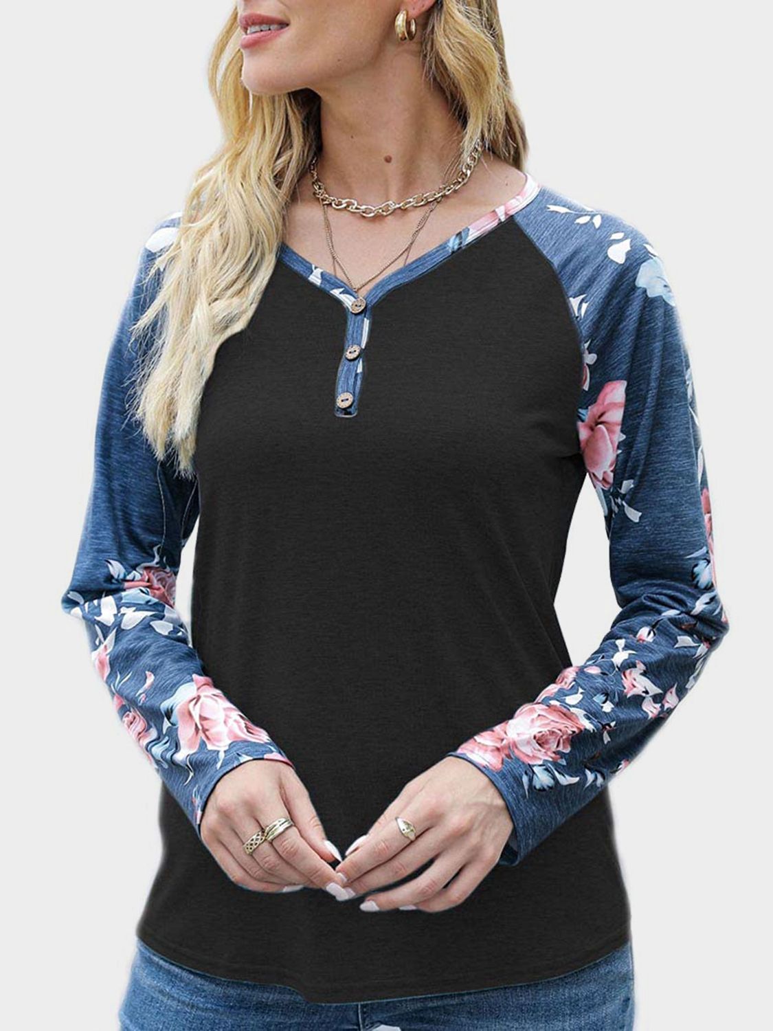 V-Neck Floral Long Sleeve T-Shirt - Ladyez