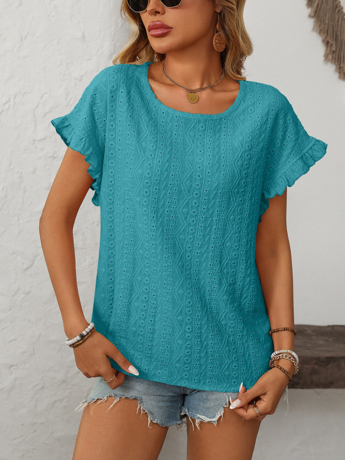 Mandy Eyelet Round Neck Short Sleeve Top - Ladyez