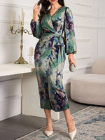Printed Tie Waist Balloon Sleeve Dress