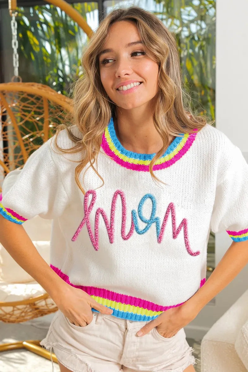 BiBi Metallic Letter Short Puff Sleeve Sweater