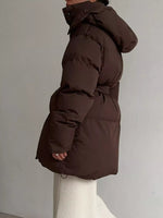 Mid-Length Thickened Hooded Winter Coat with Belted