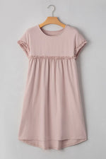 Frilled Trim Crew Neck Cap Sleeve Loose Fit Mini Dress