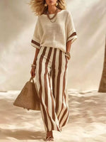 Full Size Striped Half Sleeve Top and Pants Set Plus Size