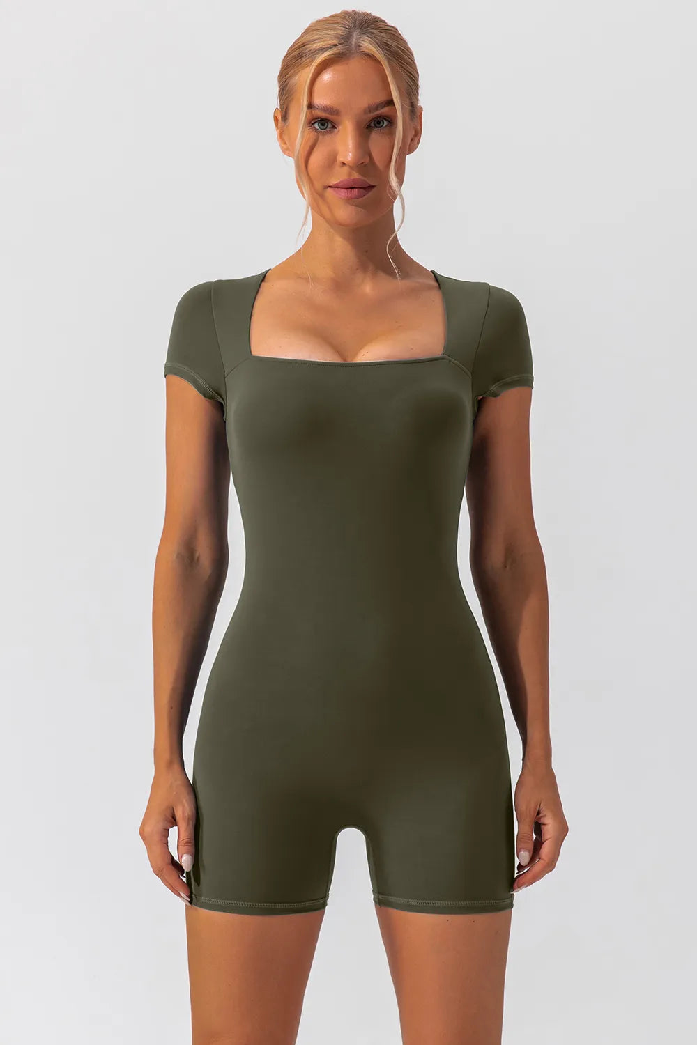 Square Neck Cap Sleeve Active Romper - Ladyez