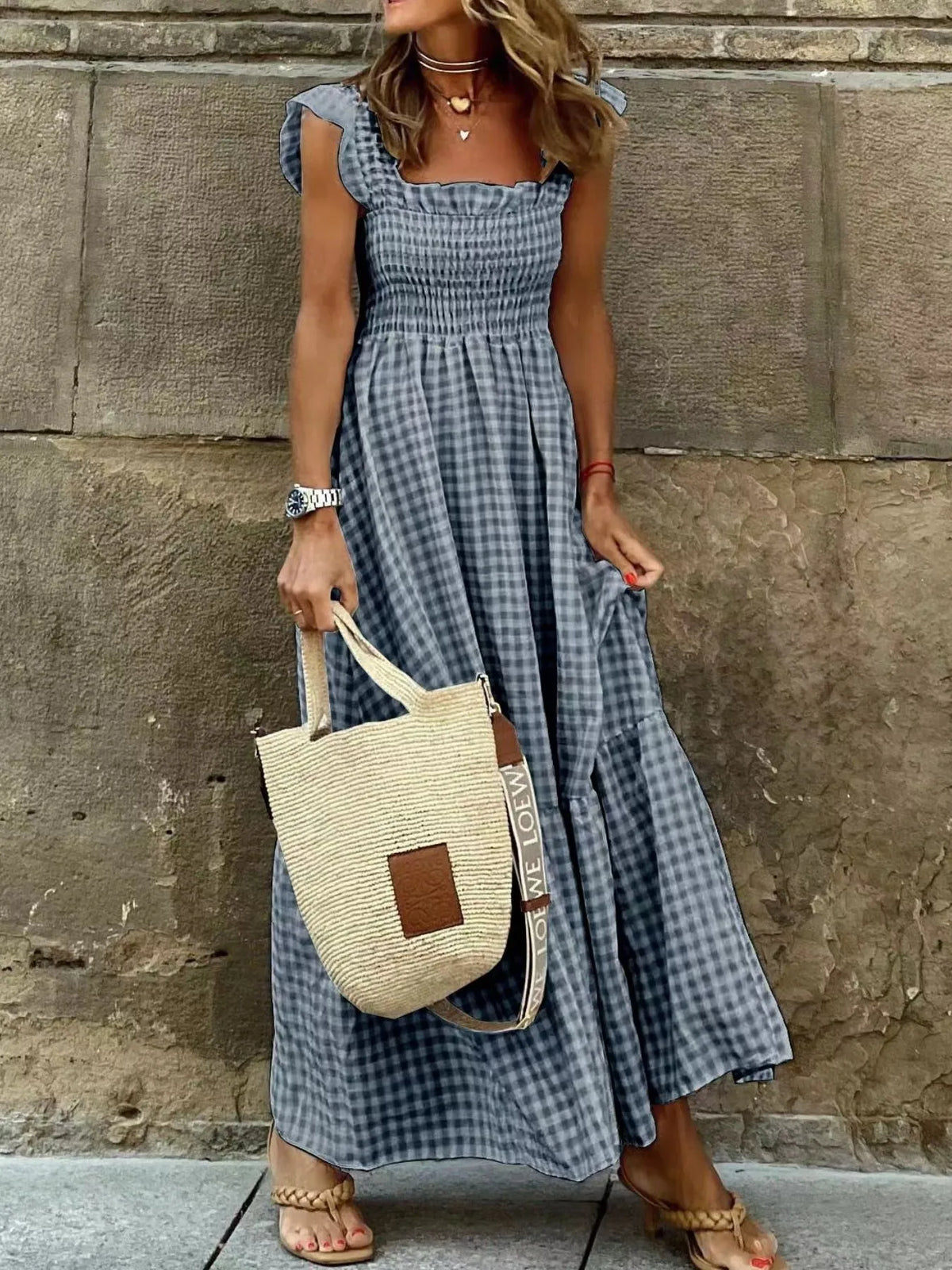 Smocked Gingham Maxi Dress with Ruffle Straps - Ladyez