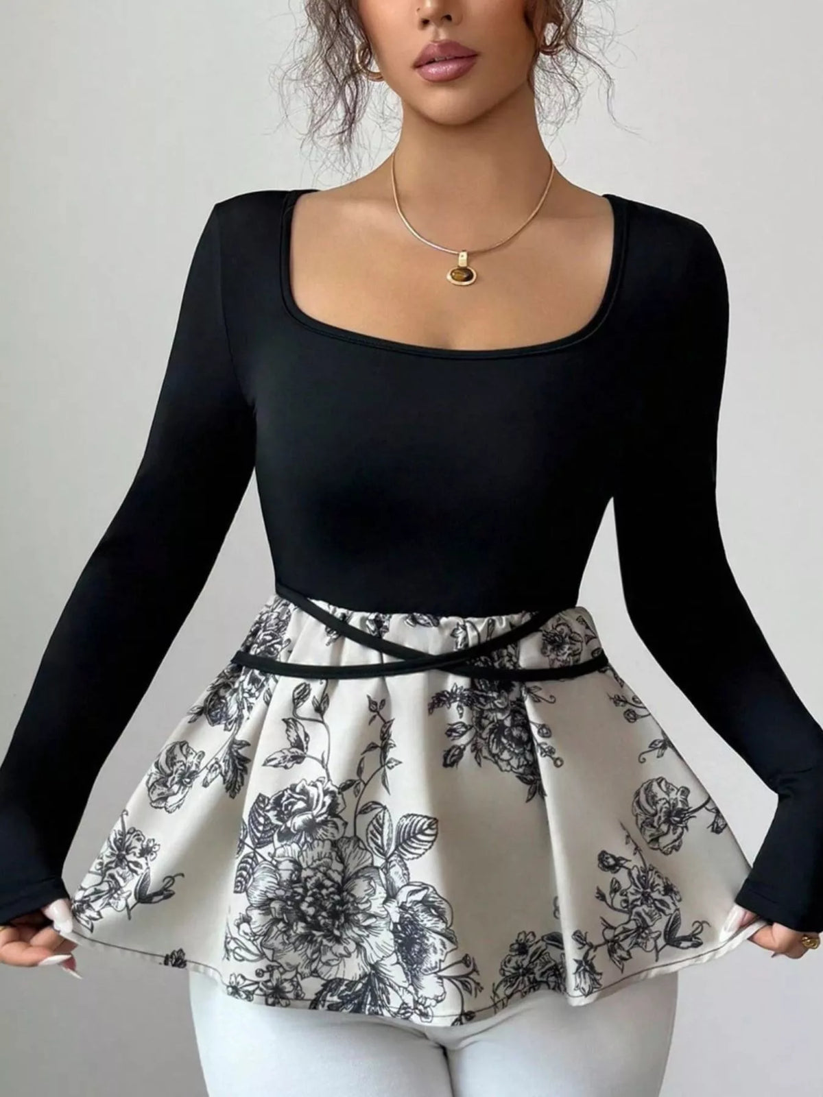 Floral Print Peplum Hem Long Sleeve Top