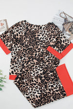 Contrast Trim Leopard Round Neck Top and Pants Lounge Set - Ladyez
