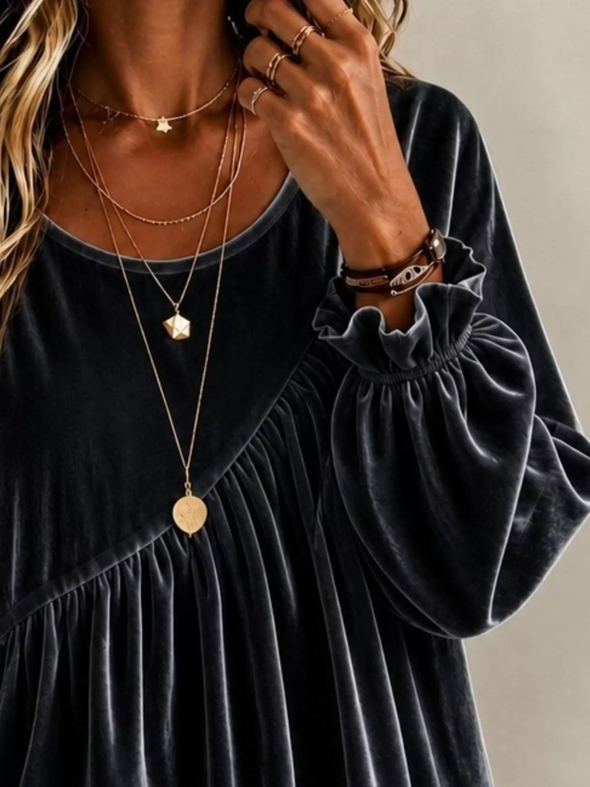 Full Size Velvet Round Neck Long Sleeve Blouse Plus Size