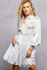 POL Floral Sequin Embroidered Mini Tiered Shirt Dress