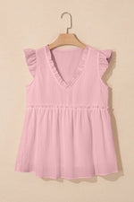 Ruffled Trim V Neck Flutter Flowy Top