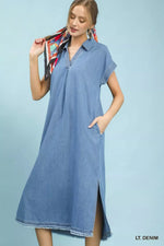 Umgee Stone Washed Collared Denim Midi Dress