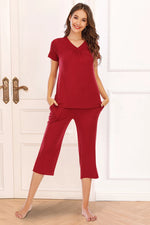 V-Neck Short Sleeve Top and Pants Lounge Set - Ladyez