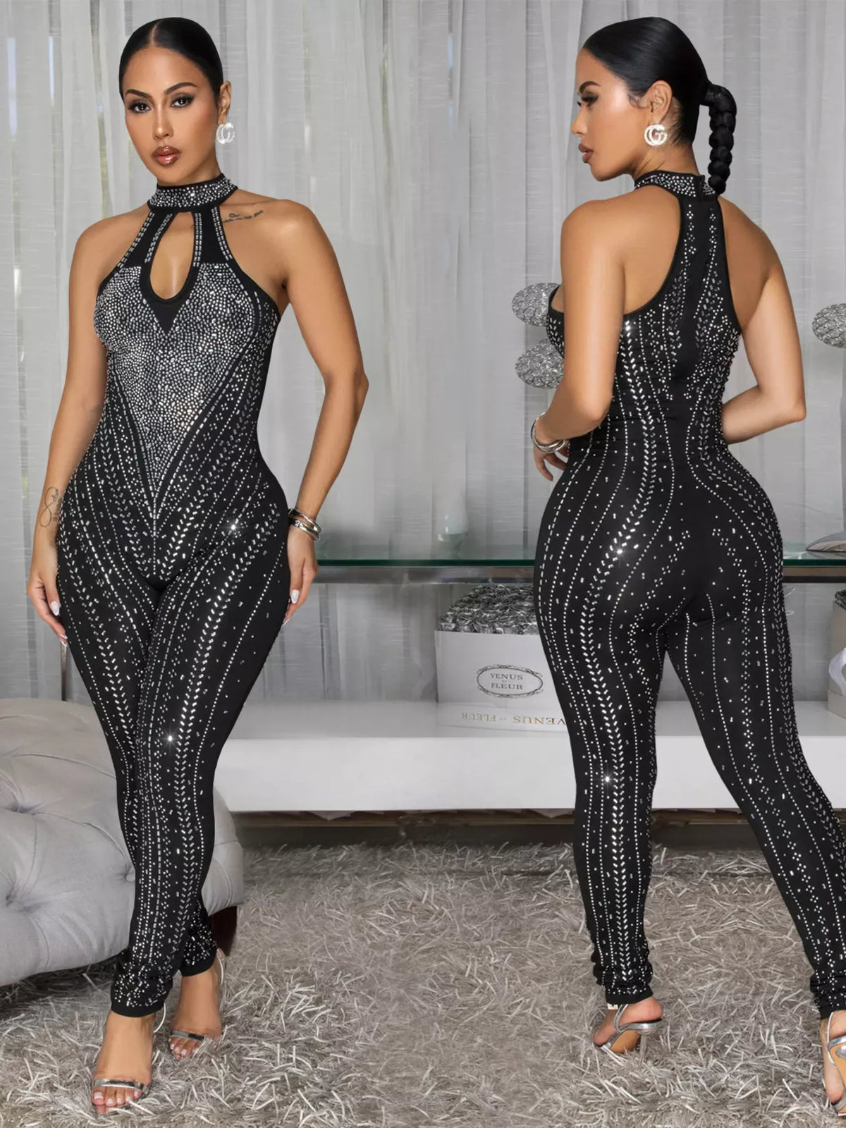 Sparkling Rhinestone Cutout Jumpsuit