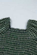 Plaid Square Neck Shirred High Waist Ruffle Hem Maxi Dress