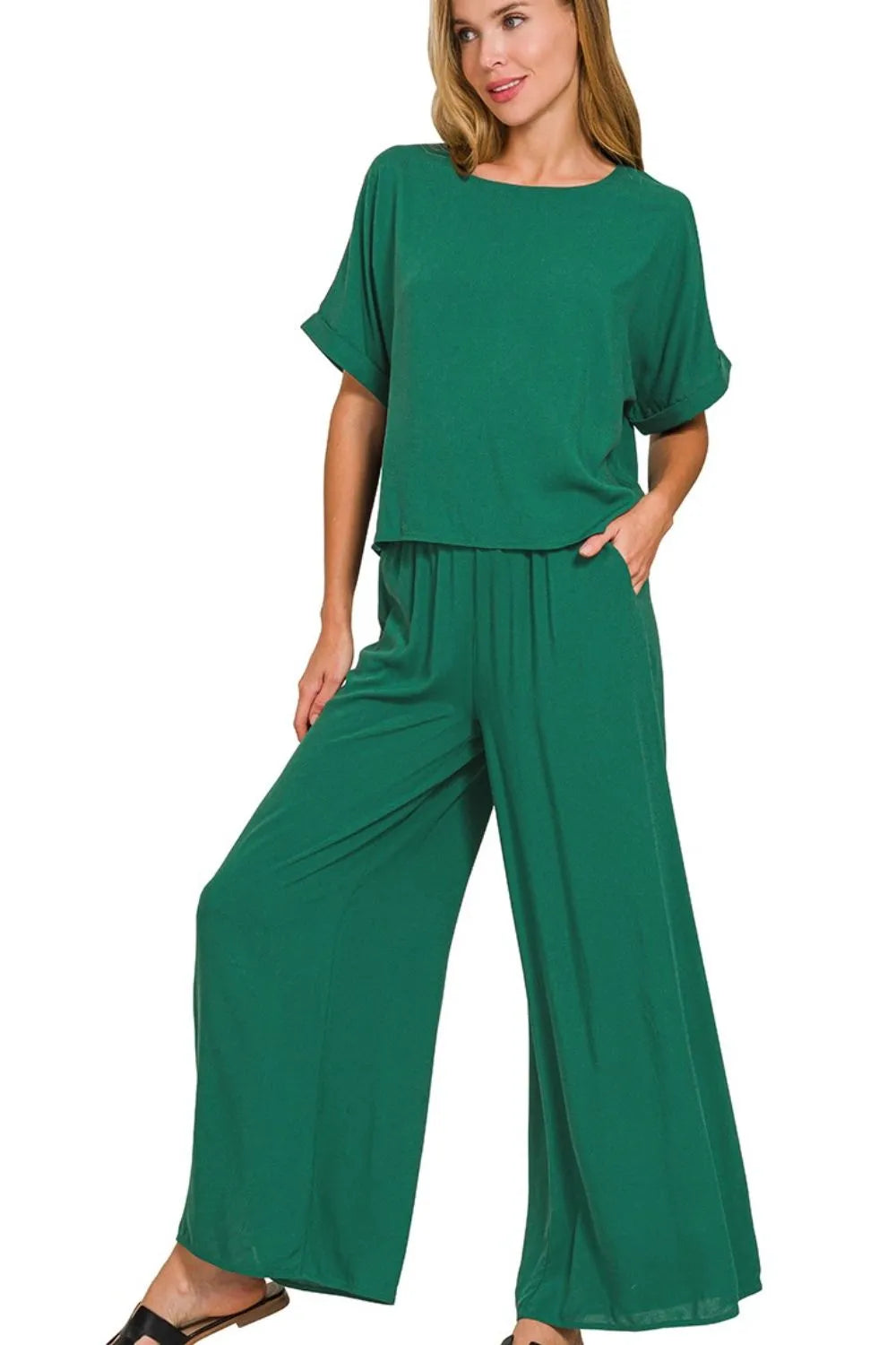 Zenana Round Neck T-Shirt and Wide Leg Pants Set - Ladyez