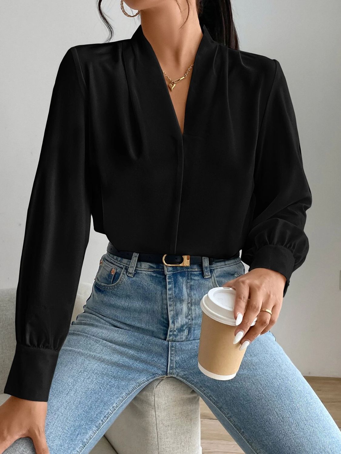 V Neck Long Sleeve Top - Ladyez