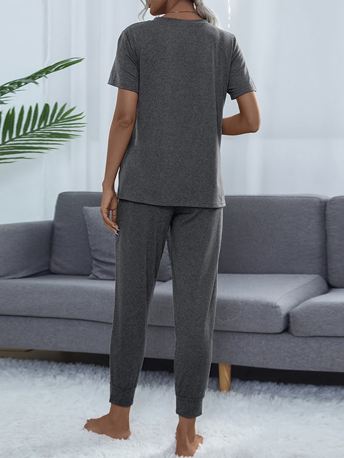 Shiny Round Neck Short Sleeve Top and Pants Set - Ladyez