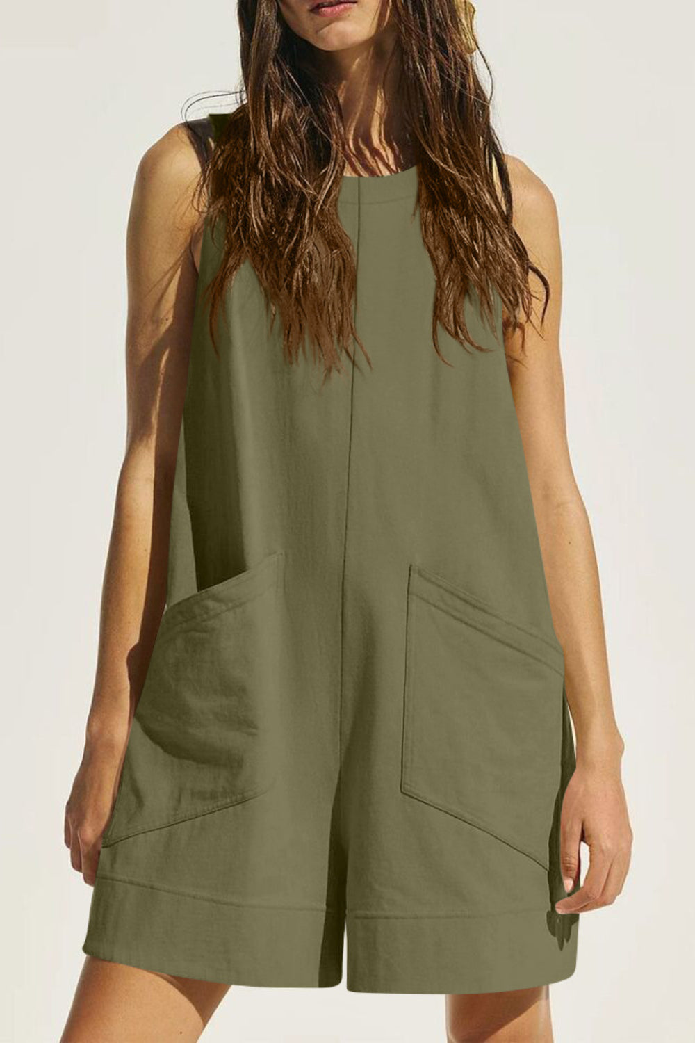 Lovelet Round Neck Sleeveless Romper with Pockets - Ladyez