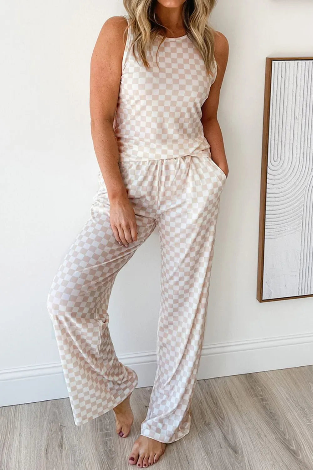 Ribbed Texture Checkered Print Tank and Pants Set - Ladyez