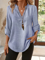 Notched Roll-Tab Sleeves Blouse - Ladyez