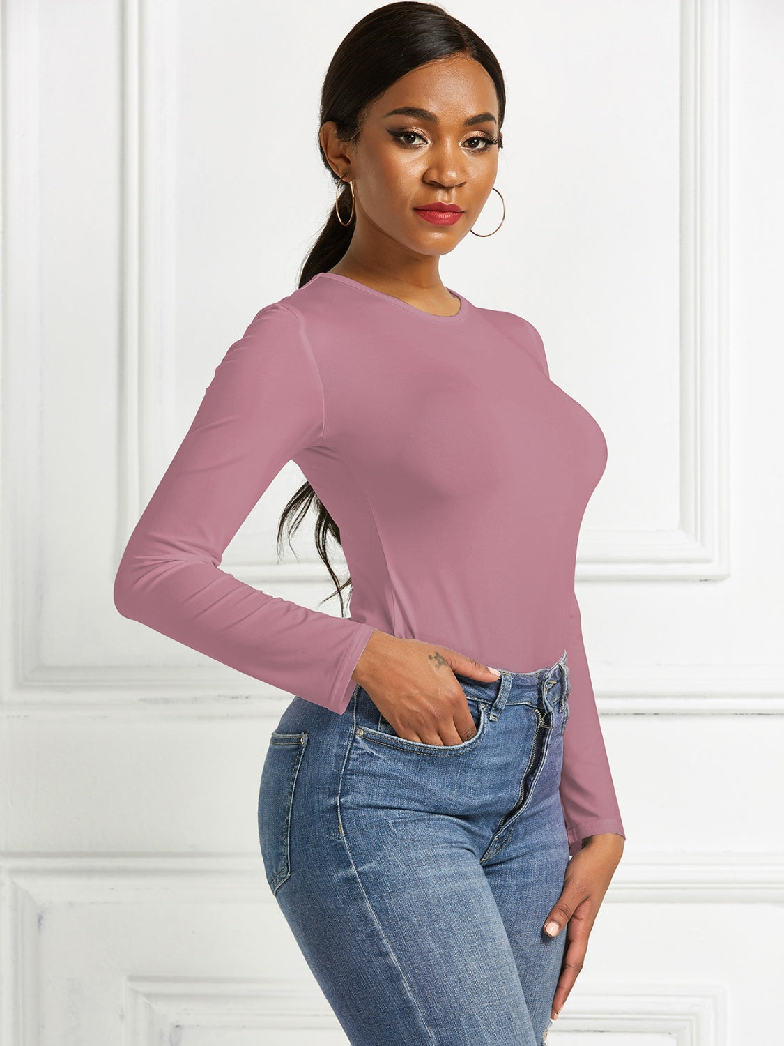 Round Neck Long Sleeve Bodysuit - Ladyez