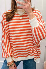 Striped Textured Stand Neck Oversized Long Sleeve Top