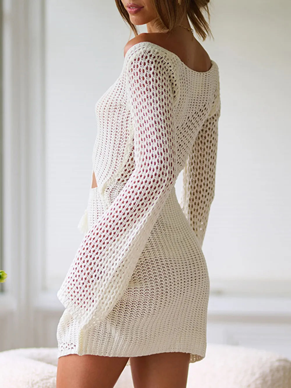 Cutout Lace-Up Long Sleeve Cover Up - Ladyez