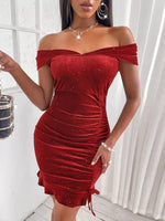 Sparkly Velvet Off-Shoulder Ruched Bodycon Dress