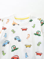 Children's Cartoon Car & Dinosaur Print Crew Neck Short Sleeve T-Shirt