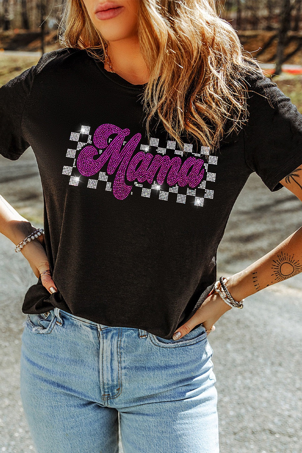 MAMA Rhinestone Letter Round Neck T-Shirt - Ladyez