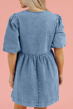 Bowknot Round Neck Half Sleeve Denim Dress