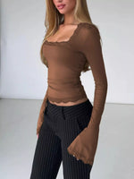 Lace Trim Square Neck Long Sleeve Top