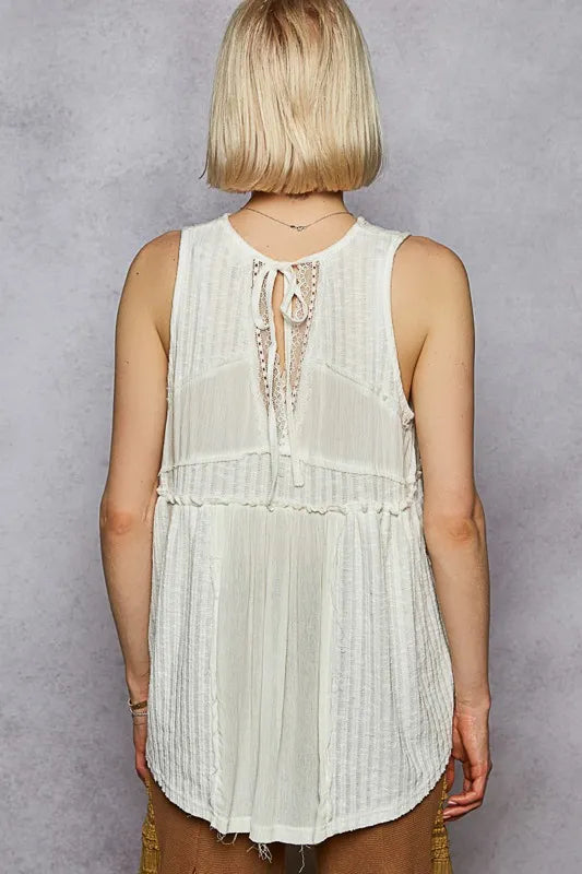 POL Lace Trim Round Neck Tank with Pintuck Detail - Ladyez
