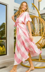 BiBi Front Tied Puff Sleeve Checkered Dress with Cut Out Detail