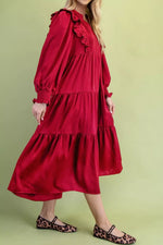 Solid Color Ruffle Trim Long Sleeve Tiered Shift Midi Dress