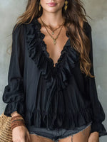 Ruffle V-Neck Long Sleeve Blouse